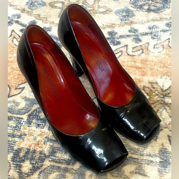 Yves Saint Laurent Shoes - Vintage YVES SAINT LAURENT YSL Peep Toe Black Patent Leather High Heels Size 9.5